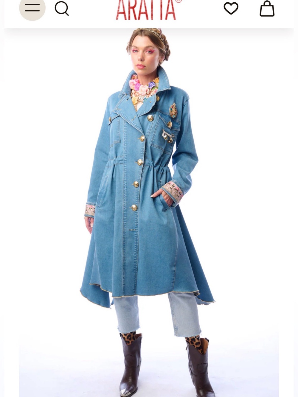 Aratta Sky Blue Denim Trench Coat with Gold Buttons and Embroidered Cuffs